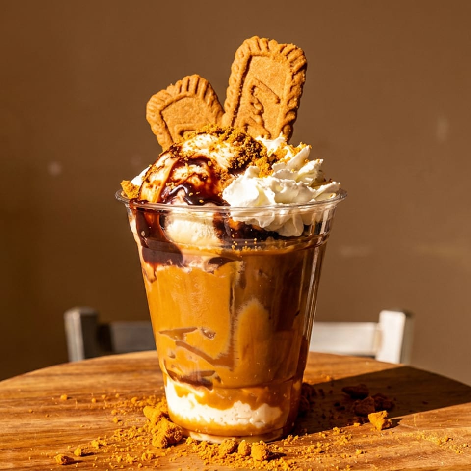 A Biscoff milkshake with whipped cream, chocolate drizzle, and two Biscoff cookies on a wooden table.