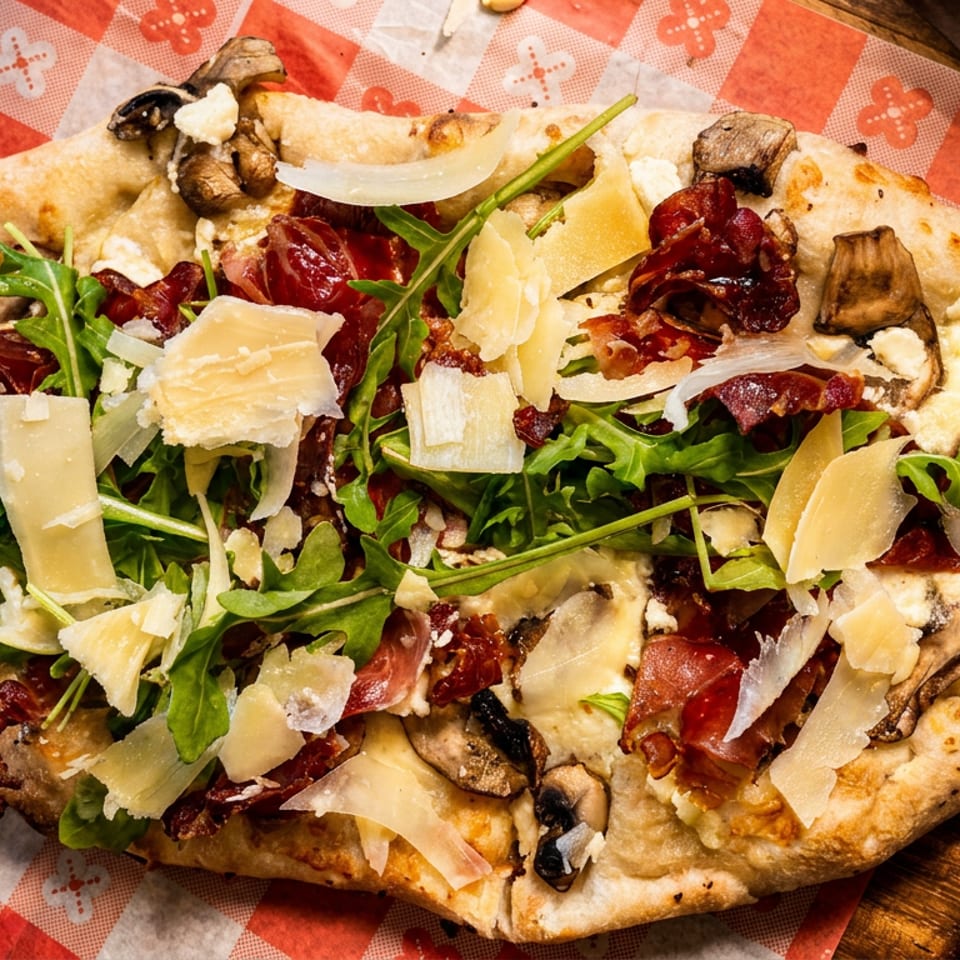 Flatbread pizza topped with prosciutto, arugula, mushrooms, and shaved Parmesan cheese on a wooden board.