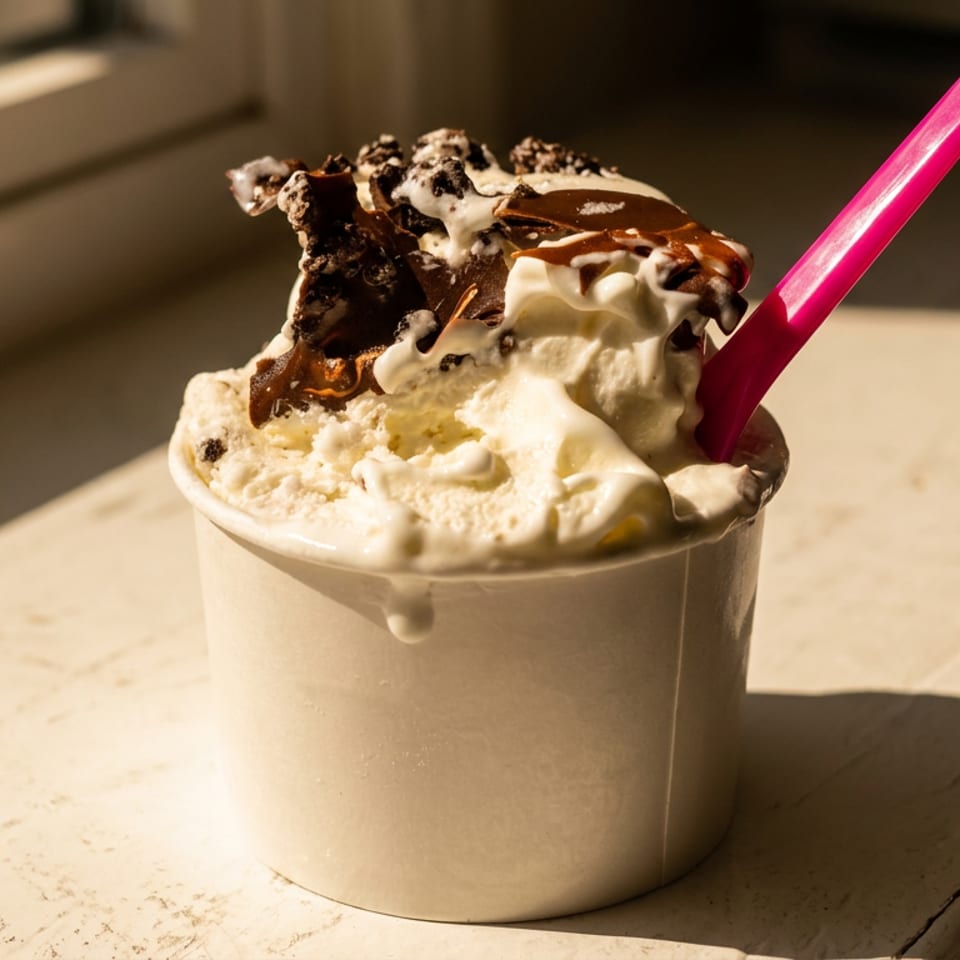 Vanilla ice cream with chocolate chunks and a pink spoon in a white cup.