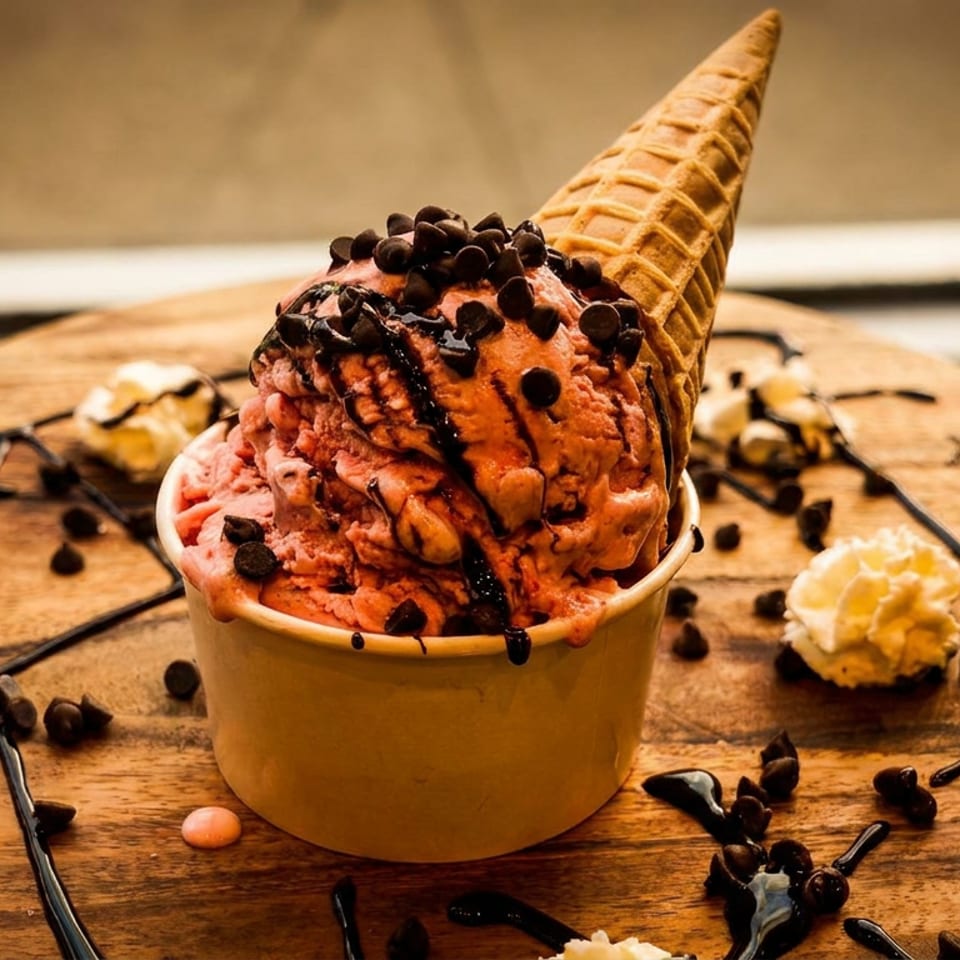 Strawberry ice cream in a cup with a waffle cone, chocolate chips, and syrup on a wooden board.