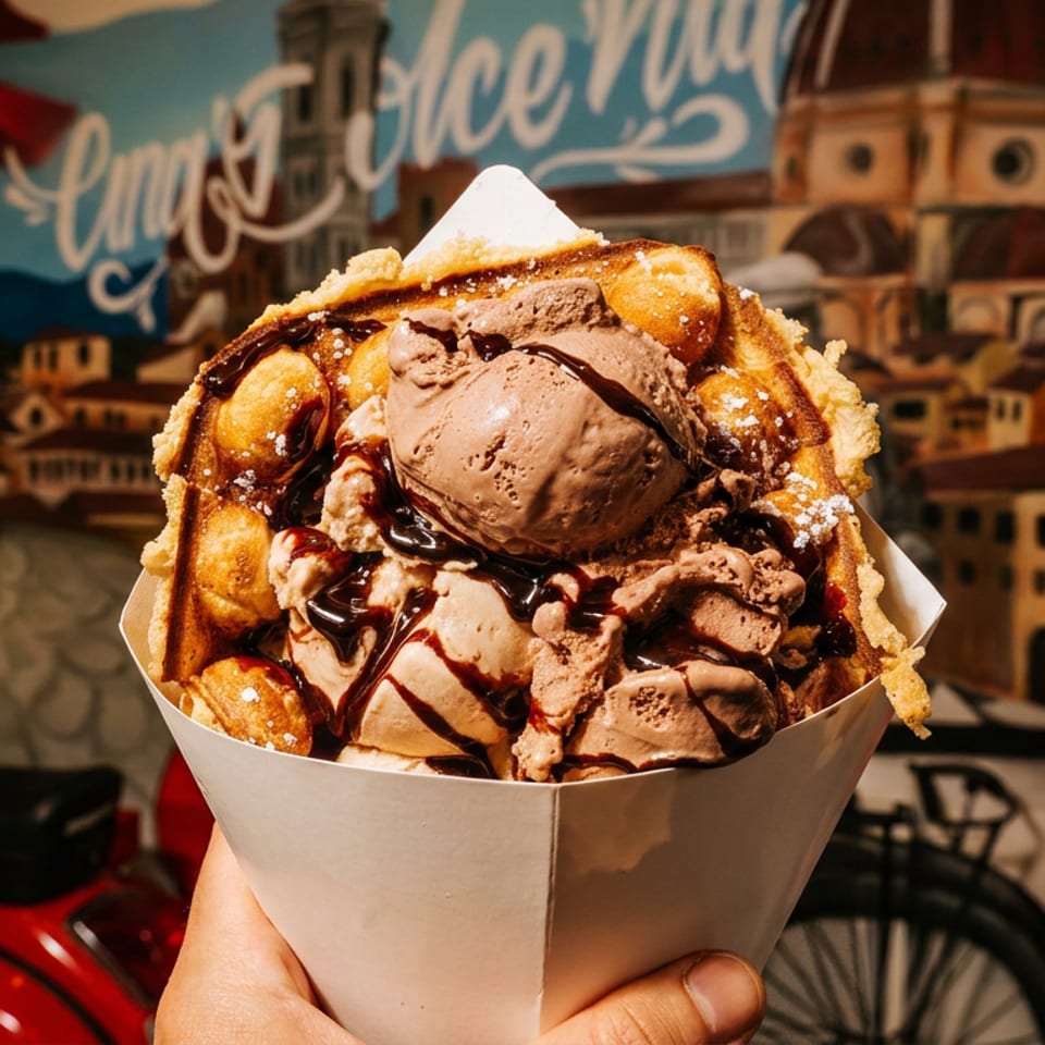 Hand holding a bubble waffle cone filled with chocolate ice cream, syrup, and powdered sugar.