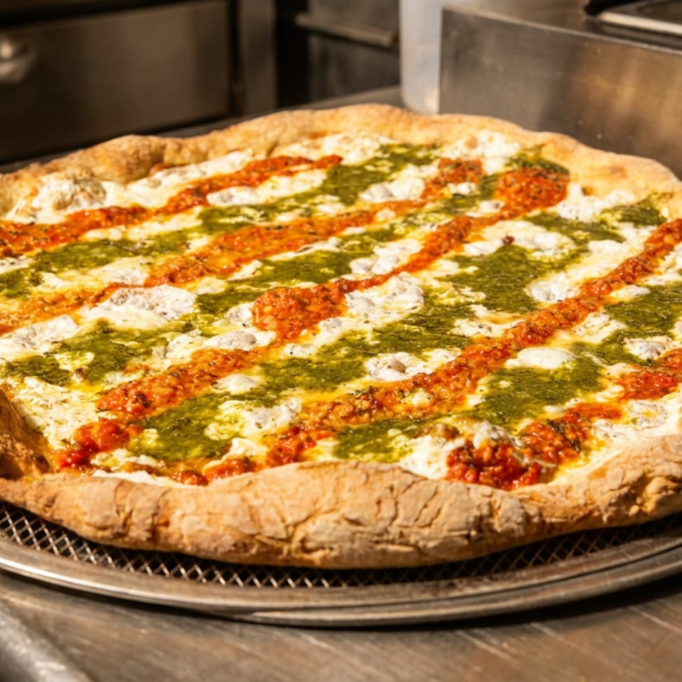 A large pizza with white cheese, red sauce, and green pesto stripes on a metal tray.