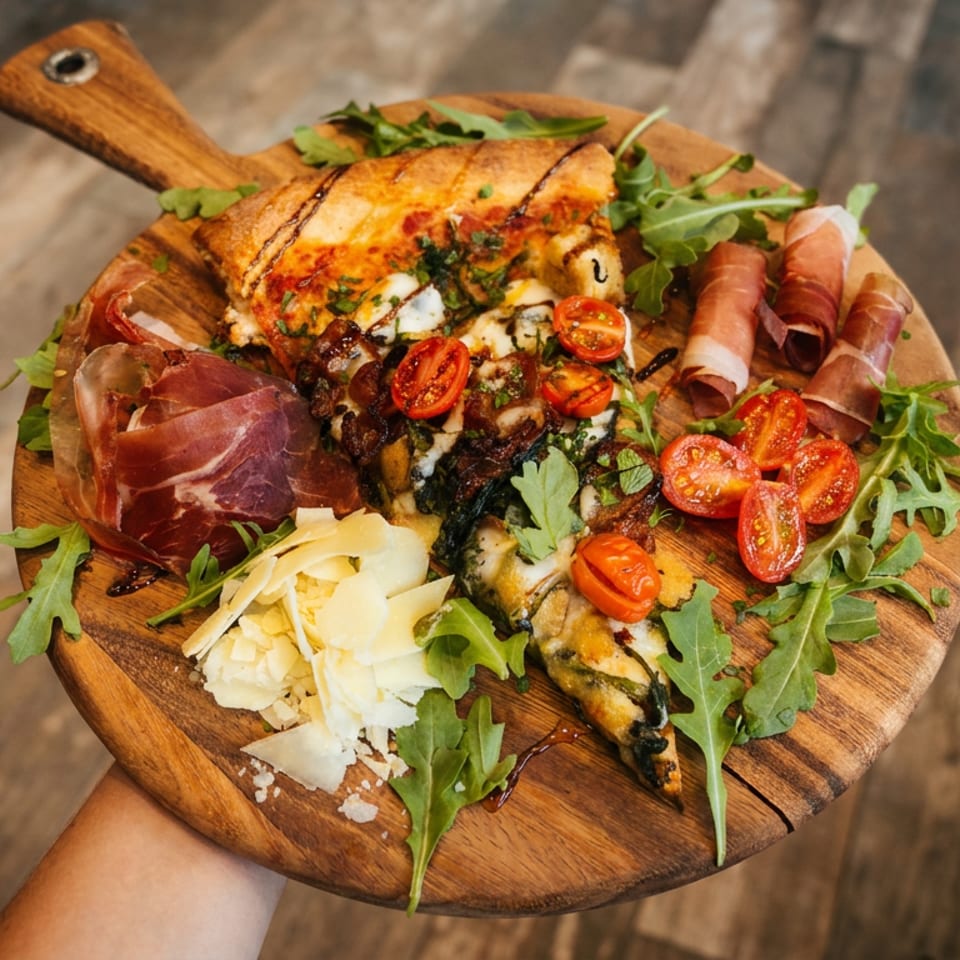 A wooden board with pizza slices, prosciutto, cherry tomatoes, arugula, and shaved cheese.