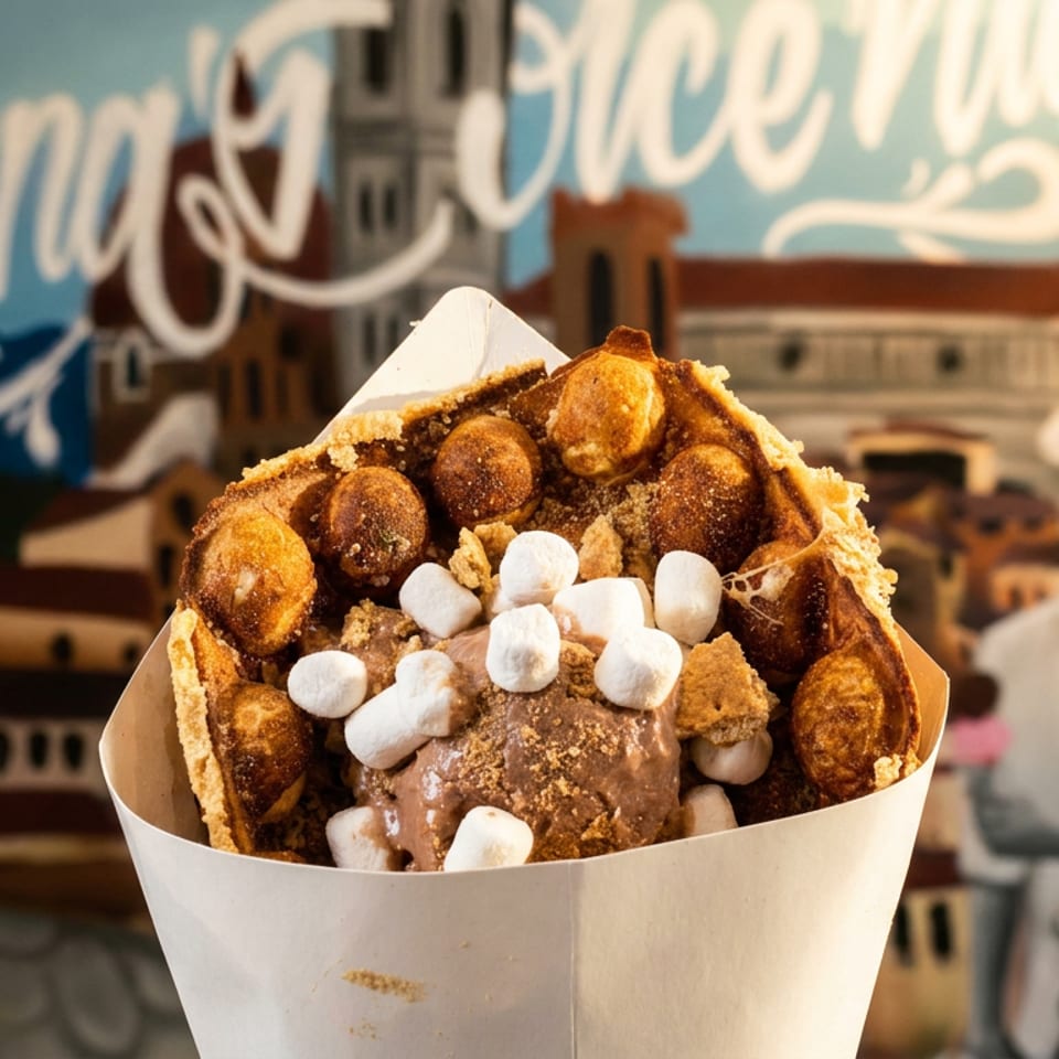 Bubble waffle cone with chocolate ice cream, marshmallows, and cookie crumbles.